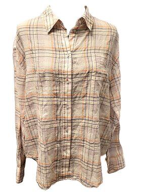 Elizabeth and James Plaid Linen-Like Button Down Blouse - M